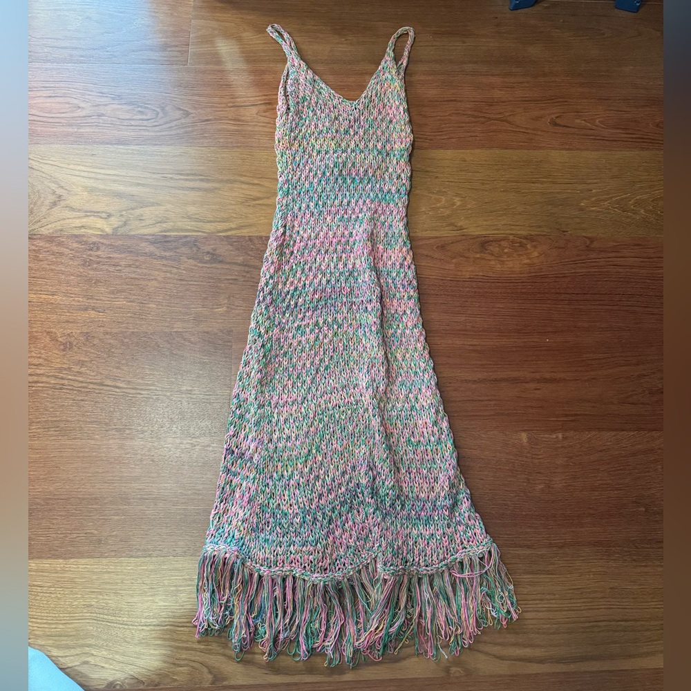 Zara Pink, Green & Yellow Crocheted fringe midi dress size M